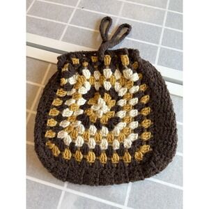 Vintage Handmade Crochet Granny Squares Handbag drawstring bag purse Cottagecore